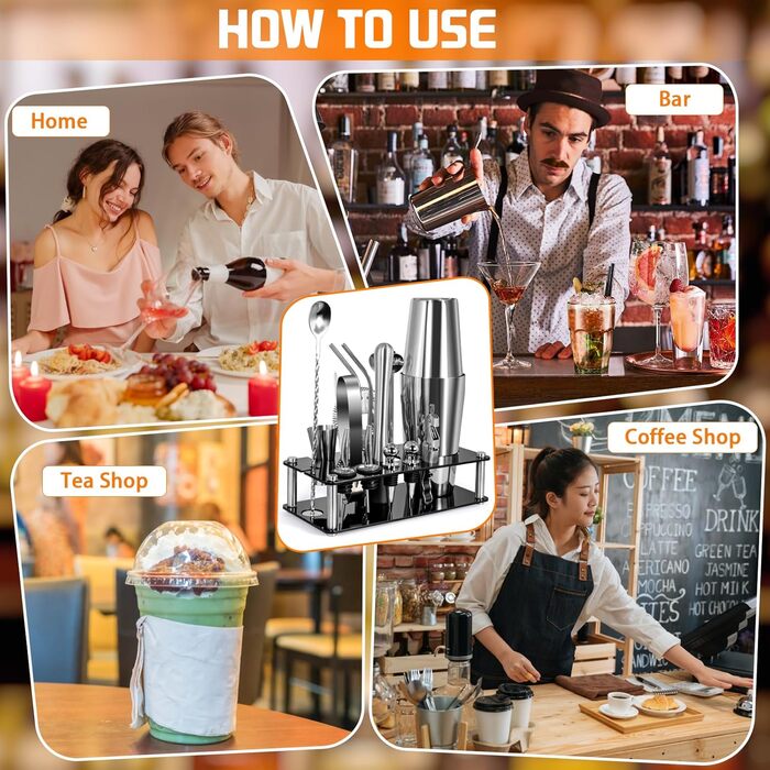 Набір для коктейлів, 18 предметів, з нержавіючої сталі: шейкер, стійка, рецепти. Професійний набір для вечірок