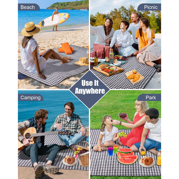 Плед для пікніка LIVEHITOP водонепроникний XXL (150x200 см) синій в клітку - для пляжу, кемпінгу, парку, BBQ
