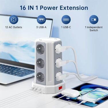 Многофункціональна мережева стрічка Sameriver 12 виходів з USB та захистом від перенапруги (5м, білий)