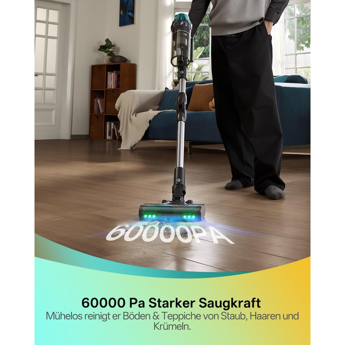 Бездротовий пилосос Vexilar V15Max з функцією миття підлоги, 60KPa/600W/60хв, гнучкий шланг, док-станція, GreenEye, насадка для твердих підлог та шерсті тварин, об'єм 1,5л, для килимів та шерсті тварин, колір: блакитний