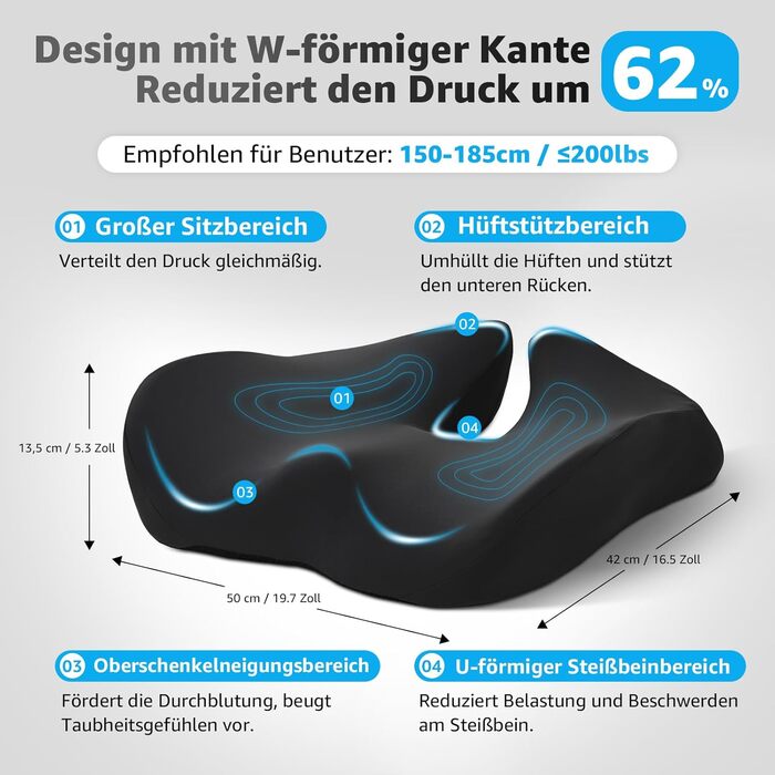 Ортопедична подушка для сидіння BRO Extra Großes з чохлом Ice Silk, Memory Foam. Ергономічна подушка для підтримки куприка для офісного крісла, авто та інвалідного візка.