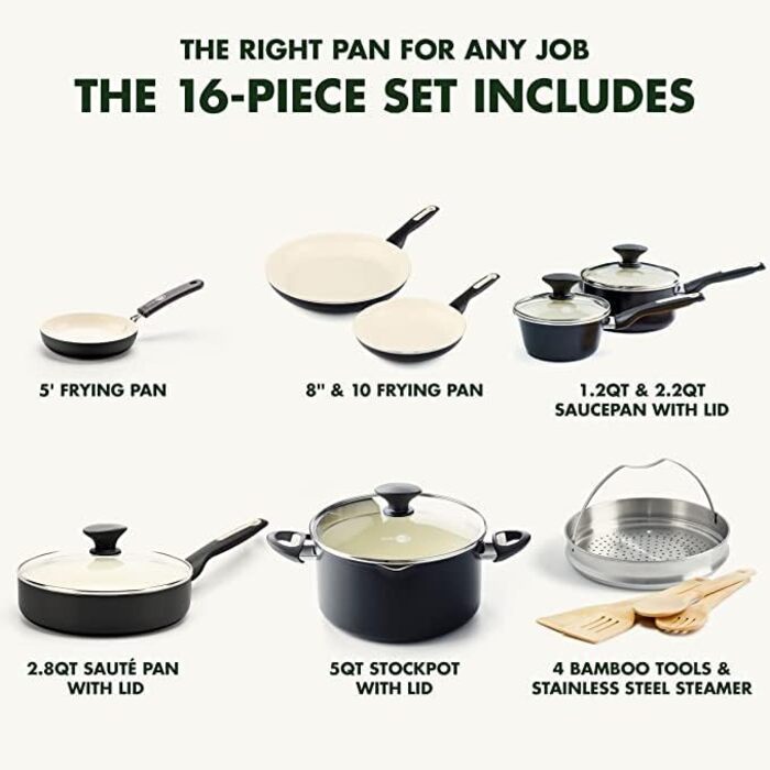 GreenPan Rio Healthy Ceramic Non-Stick 16-Piece Cookware Set with Frying Pans, Sauce Pans, PFAS-Free, Stay-Cool Handle, Oven Safe up to 160°C, Dishwasher Safe, Black & Crème Cookware Set 16-Piece Black & Crème