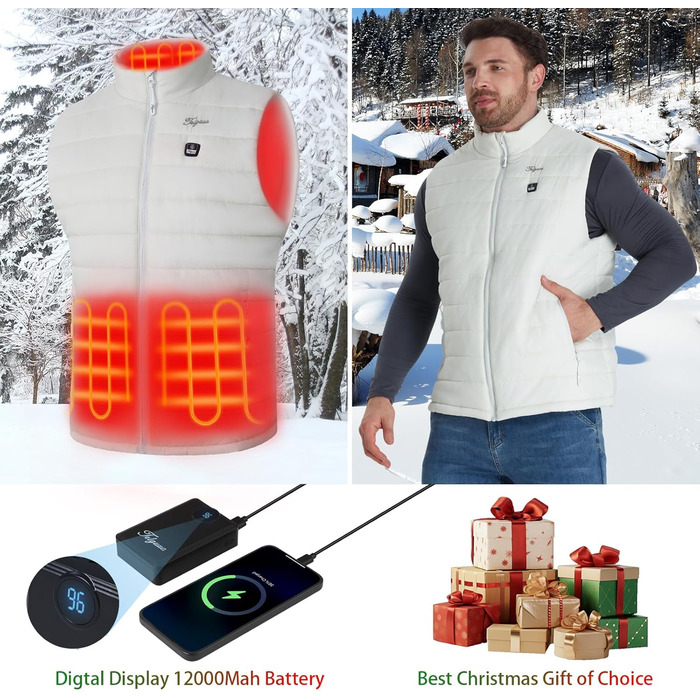 Електрична гріюча жилетка для чоловіків Telguua з Powerbank 12000mAh, 3 температурні режими, 4 зони обігріву, USB-живлення, для катання на лижах та роботи на вулиці (L, Біла)