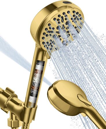 Душова лійка BOWGER з фільтром, 6 режимів, високий тиск, режим Power-Wash, фільтр від жорсткої води, знімний ручний душ з довгим шлангом, золота