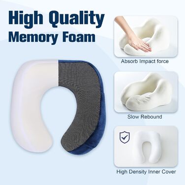 Подушка для шиї у літак, доросла, з піною-пам'яттю, регульована, компактна, ергономічна, м'яка, дихаюча, з навушниками, маскою для очей, чохлом (Блакитна)