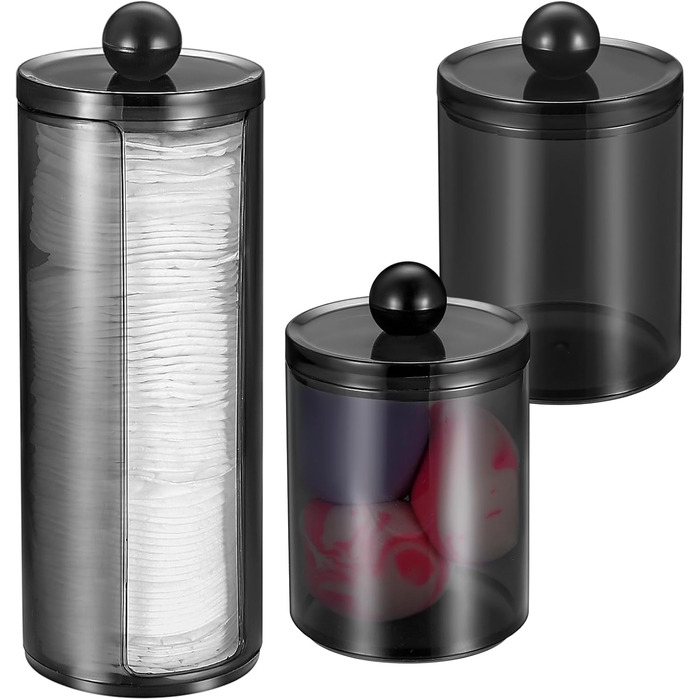 Організатор для косметики Gomoeny: 3 тримачі для ватних паличок, чорні аптекарські склянки для ванної кімнати, для ватних паличок, круглі ватні диски, вати, спонжів для макіяжу, пінцетів (B)