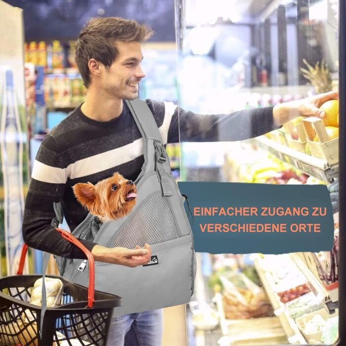 Dog-friendly baby sling/wrap for dogs, hands-free travel bag for small pets with adjustable straps, hardboard base, safety belt, for dogs up to 2.8kg, wider version (L - For pets under 5.5kg), Grey
