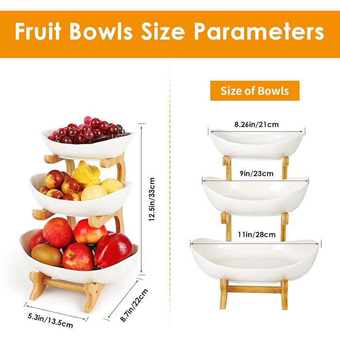 Керамічна етажерка для фруктів Diealles з 3 ярусами, бамбуковий підставник, для сім'ї, стабільна, сумісна з овочами та снеками