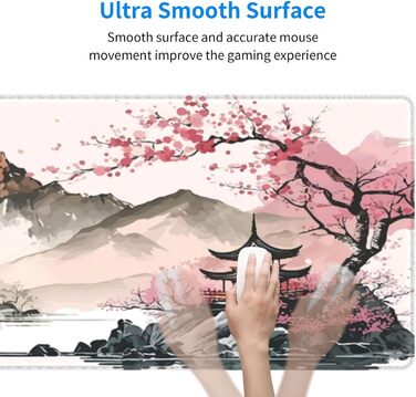 Килимок для миші для геймінгу, чорний, Kanagawa, великий, 80 x 30 см, з гумовою основою, водонепроникний, з прошитими краями, для геймінгу, офісу, дому (Чорна хвиля) (Рожевий)