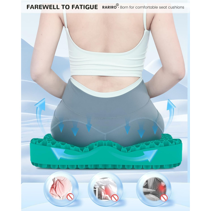 Гелеве сидіння для офісного крісла: ергономічна подушка з подвійною структурою та стільниковою поверхнею (зелена, 43x37x7 см). Для тривалого сидіння, автомобіля, каяка, інвалідного візка. Подушка для куприка та ішіасу.