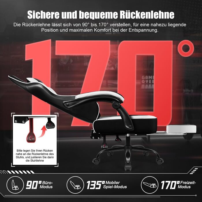 Геймерське крісло з підставкою для ніг, біле, до 150 кг - Ergonomischer Gaming Stuhl