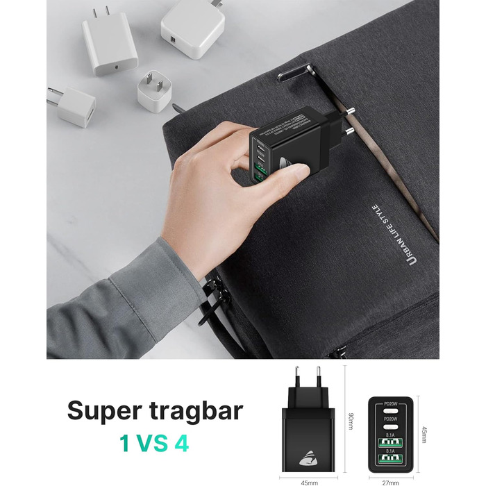 Зарядний пристрій Aioneus USB-C 40W, 4 порти PD 3.0 + QC USB-A, швидка зарядка для iPhone 15 Pro Max, Samsung та інших смартфонів - Чорний