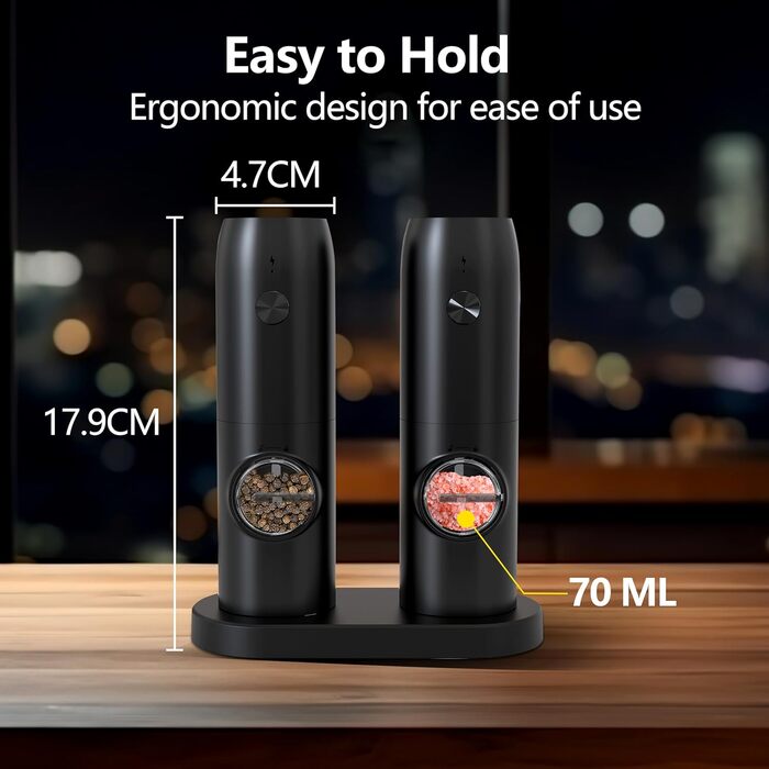 Електричний набір млинів для солі та перцю з підзарядкою, USB, одноручний, керамічний механізм, ABS пластик (2 шт., чорний)