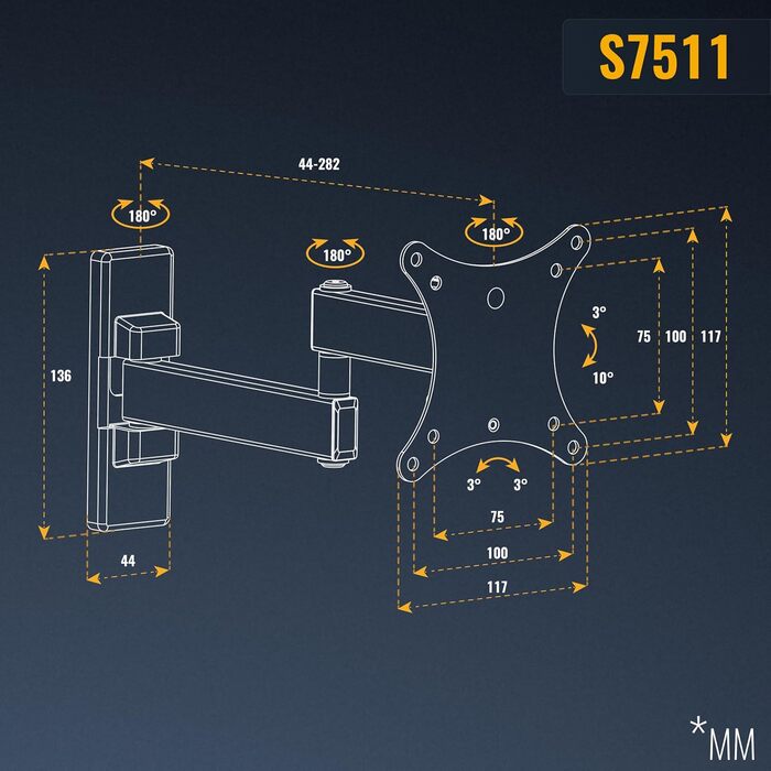 Кріплення для монітора RICOO S7511: настінна підставка для монітора 13-34 дюймів, поворотна, нахилена, VESA 75/100 мм, до 15 кг