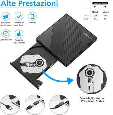 Зовнішній USB 3.0 CD/DVD-привід Cocopa Masterizzatore: портативний Ultra Slim DVD-RW/CD-RW плеєр для ноутбука та ПК (Windows, macOS, Linux)