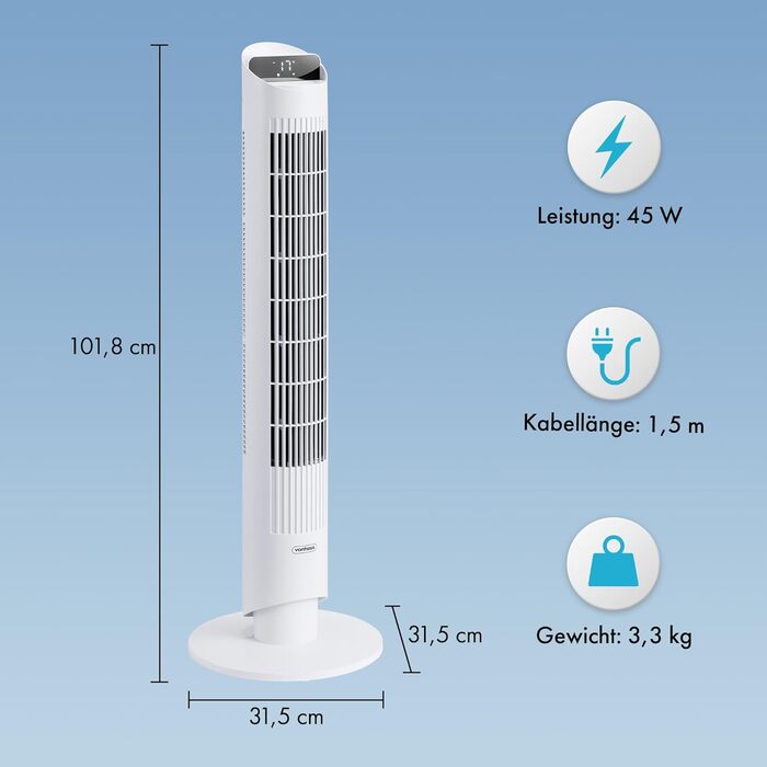 VonHaus Турмовентилятор 102 см, Електричний вентилятор зі WiFi, Управління Alexa/Google Home, Пульт, Таймер 12 год, Обертання 70°, для дому та офісу, Білий