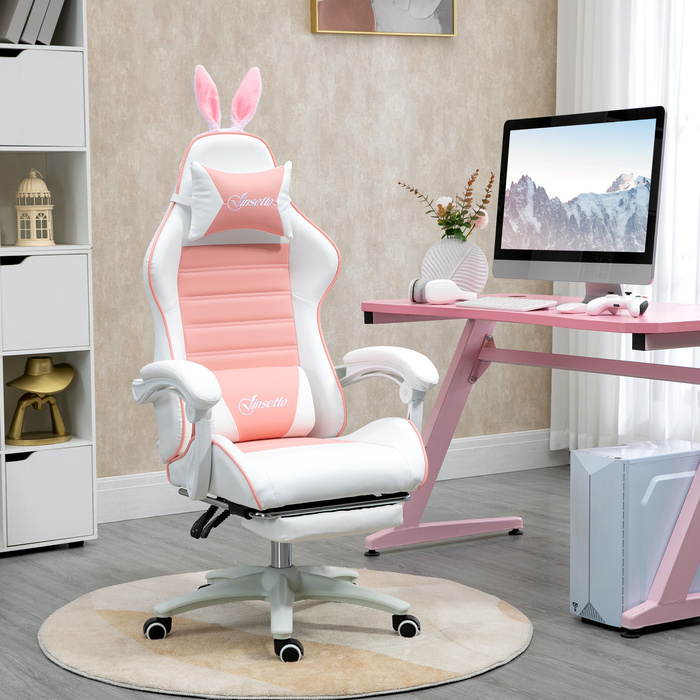 Vinsetto Gaming Chair Ergonomic Gamer Chair with Lumbar Support, Footrest, Gaming Recliner with Bunny Ears, Head Pillow, Height Adjustable Office Chair with Adjustable Recline Function Pink | Aosom