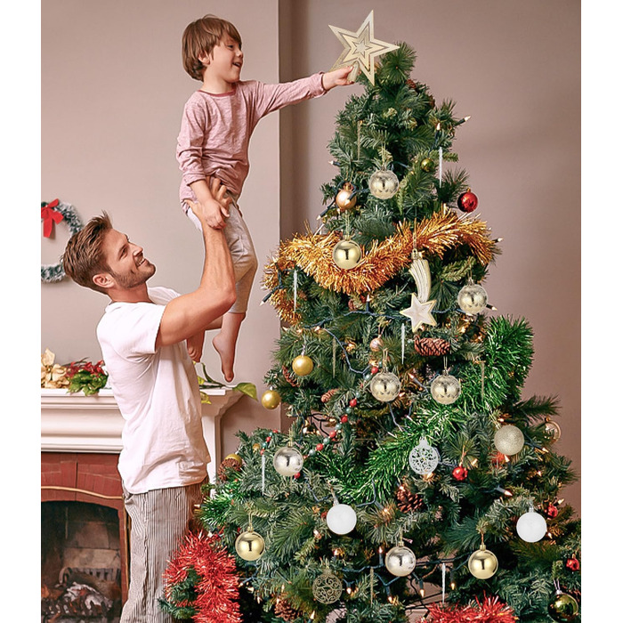 121 шт. прикрас для ялинки золотого та білого кольору, набір, пластик, зірка на верхівку, декор для ялинки, Новий рік, свята