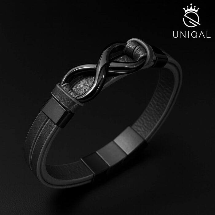 Браслет шкіряний чоловічий UNIQAL Infinity з нержавіючої сталі та натуральної шкіри (чорний/коричневий) + подарункова коробка 21 см