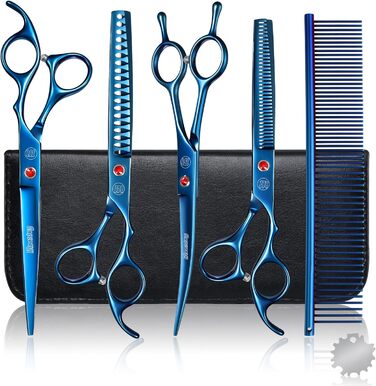 Професійний набір ножиць для грумінгу собак Moontay 7 дюймів (3 ножиці): вигнуті, прямі, розріджувачі (блакитний)