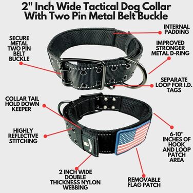 Нашийник для собак K9, тактичний, військового стилю, 5.1 см, міцний нейлон, для великих собак, прапор США (50.8 - 71.1 см, чорний)