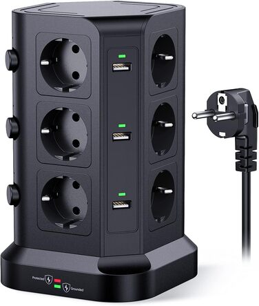 Мережевий фільтр KOOSLA з 12 розеток, 6 USB-портами, захистом від перенапруги, індивідуальним керуванням, 2м кабель, чорний