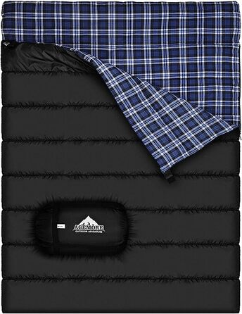 Cotton Flannel Double Sleeping Bag for Camping, Hiking, and Backpacking - Queen Size 2 Person Waterproof Sleeping Bag for Adults & Teens - Lightweight Black/Blue