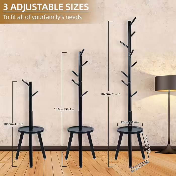 Yawinhe Coat Rack, Solid Wood Clothes Rack, Tree-Shaped Coat Stand with Anti-Slip Pad and Side Table, 8 Hooks, 3 Adjustable Heights, 182cm Height, for Entrances, Living Rooms, Black