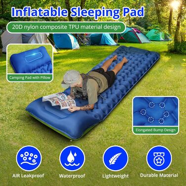 Надувна туристична матрац Isomatte з самонадуванням, 10 см, водовідштовхувальна, для кемпінгу та подорожей, синьо-зелена, односпальна