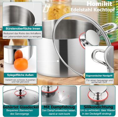 Каструля Homikit 20 см, 3.3 л, нержавіюча сталь з тришаровим дном, з кришкою з термостійкого скла, для всіх типів плит, не має покриття, здорове приготування, можна мити в посудомийній машині