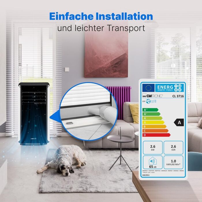 Мобільний кондиціонер Clatronic® CL 3716 з Wi-Fi | 3-в-1: охолодження, осушення, вентиляція | 9000 BTU | з випускним шлангом