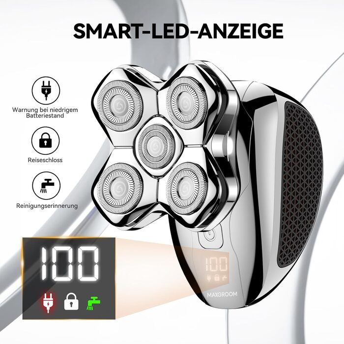Електричний голєний апарат MAXGROOM для чоловіків, вологостійкий, для сухого та вологого гоління, 5D-головка, USB-C зарядка, LED-індикатор заряду, чорний