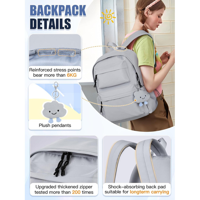 Жіночий рюкзак FIORETTO для дівчаток та хлопчиків, підходить для ноутбука 15.6 дюймів, з антикрадійним кишеням, ідеальний для школи, коледжу, подорожей, зелений (світло-сірий)