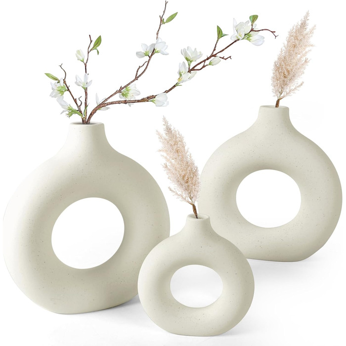 Large Doughnut Vase for Pampas Grass - Ceramic Ring Vase, Beige Boho Decor | Modern Vase for Table & Home