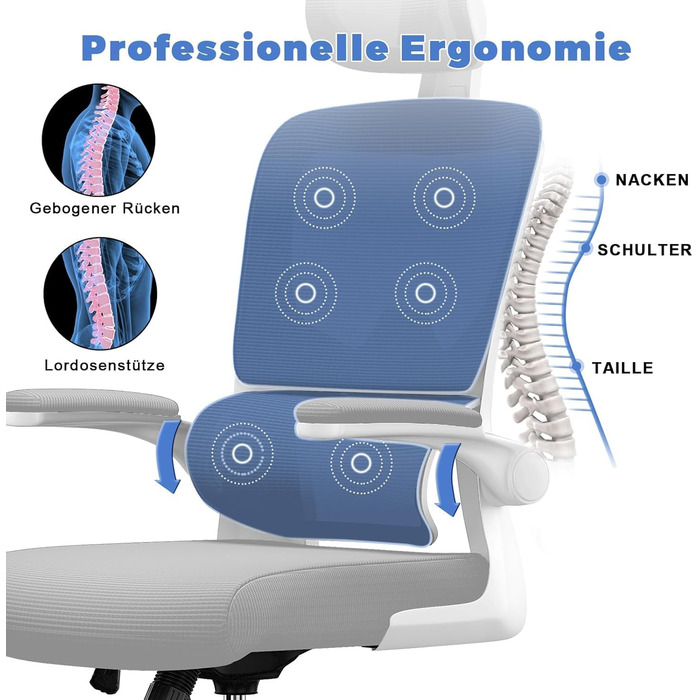 Офісний стіл Bürostuhl: ергономічний крісло з регульованою підголівником, підлокітниками та підтримкою попереку. Динамічний поворотний стілець з дихаючою сіткою для дому та офісу (Сірий 2, з підголівником)