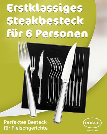 RÖSLE ELEGANCE Steak Set, 12-Piece – High-Quality Steak Set for 6 People made of Stainless Steel 18/10 and Special Blade Steel – Highly Polished, Dishwasher-Safe, in Elegant Gift Box, 12-Piece Steak Set