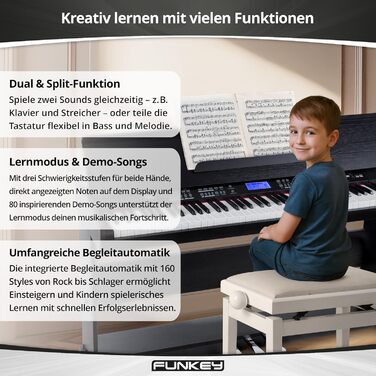 FunKey DP-88 II Цифрове піаніно: 88 клавіш, поліфонія 128, 360 звуків, 160 стилів, MP3-плеєр, функція навчання, запис та відтворення, 3 педалі, чорний колір