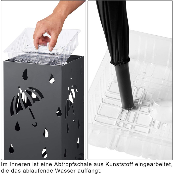 WOLTU Iron Umbrella Stand - Rectangular, 20x20x49cm - with Water Tray & 4 Hooks - Anthracite SST02an