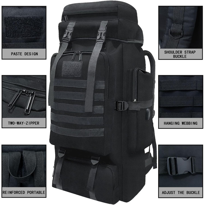Wesoke 80L тактичний туристичний рюкзак MOLLE, водонепроникний, військовий, для походів і подорожей, велика місткість, чорний