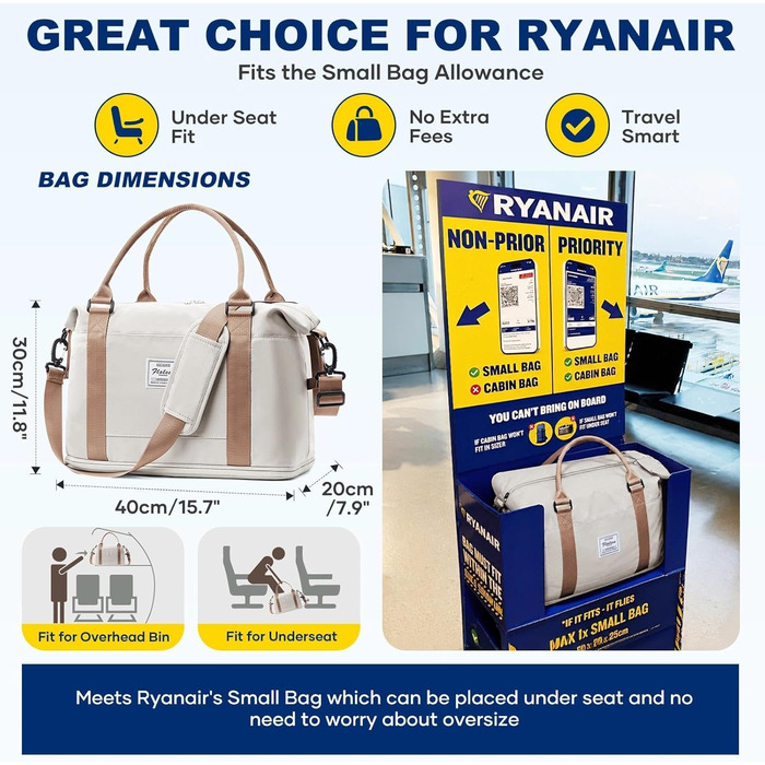 Сумка дорожня жіноча Ryanair 40x30x20 см: спортивна, водонепроникна, для ручної поїздки, фітнесу, з відділенням для взуття, бежева