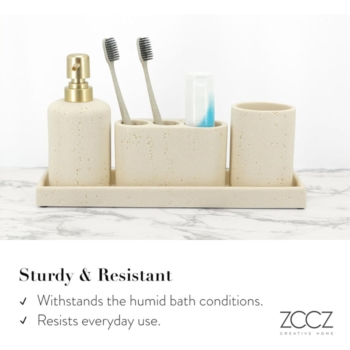 ZCCZ 4-Piece Bathroom Accessory Set, Black, with Soap Dispenser, Toothbrush Holder, Bathroom Cup, and Vanity Tray, Decorative Countertop Organizer (Beige 4pcs)