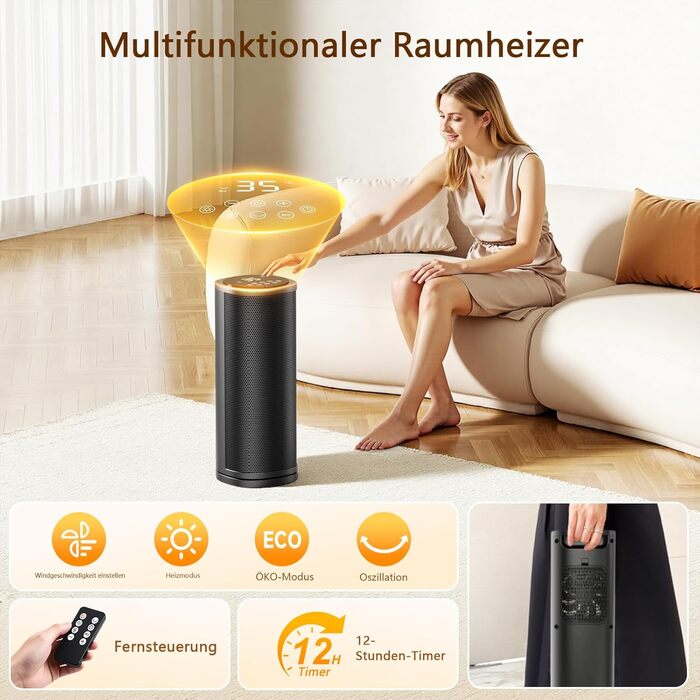 Електричний обігрівач 1800W з пультом керування, 41 см, PTC керамічний, тихий, 70° осциляція, таймер 12h, захист від перегріву, для спальні, дому, чорний