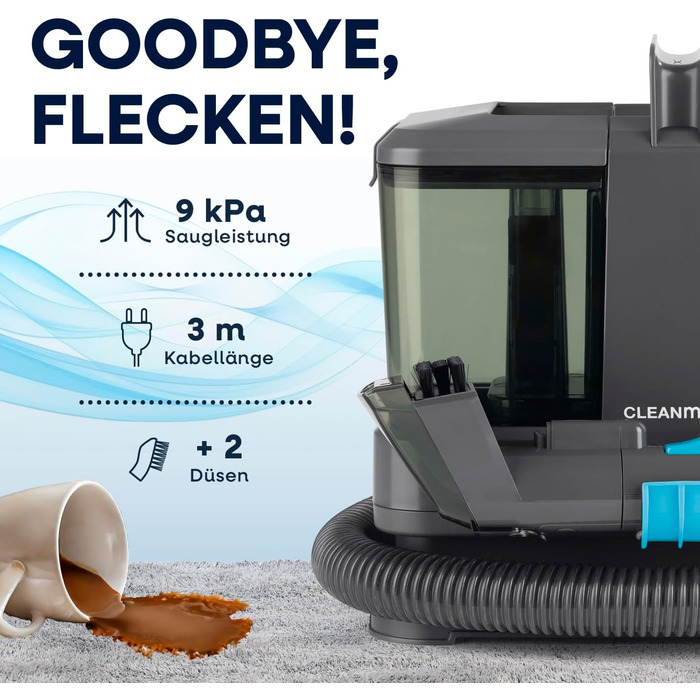 CLEANmaxx Професійний пароочисник для меблів та килимів Pro Steam | 3в1: для меблів, локальних забруднень, миття | Видаляє плями з килимів, авто, диванів тощо (Чорний, компактний 330W)