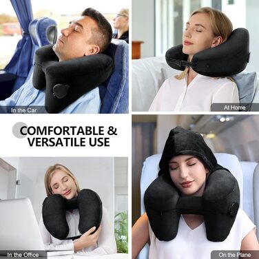 Sunany Neck Pillow Airplane with Hood, Travel Pillow for Airplane and Car Travel, Inflatable and Comfortable Travel Neck Pillow Adults, Supports Head, Neck, and Chin - Black