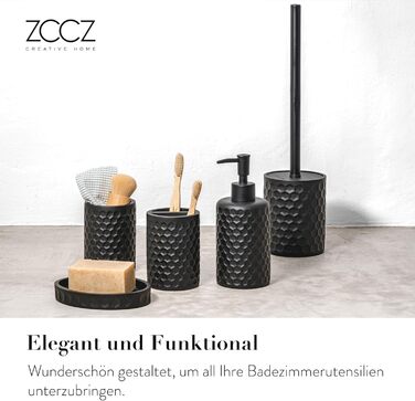 ZCCZ Bathroom Set – 5-Piece Organizer Set with Toilet Brush, Toothbrush Holder, Soap Dispenser, Soap Dish – Stylish Décor with Geometric Hexagon Pattern in Black for Modern Bathroom