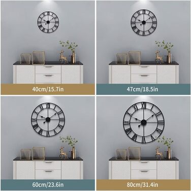 HAITANG Large Vintage Style Wall Clock, Black Round, Metal Silent Non-Ticking, Battery Powered, 40cm, 16 Inch Roman Numerals, Clocks for Living Room, Bedroom, Kitchen Wall Clock Decoration