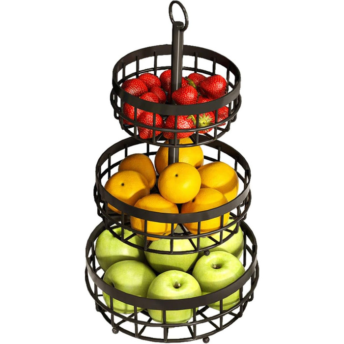 Багатоярусна металева підставка для фруктів та овочів MaxEarn - 3 яруси, велика місткість, з дерев'яними ручками