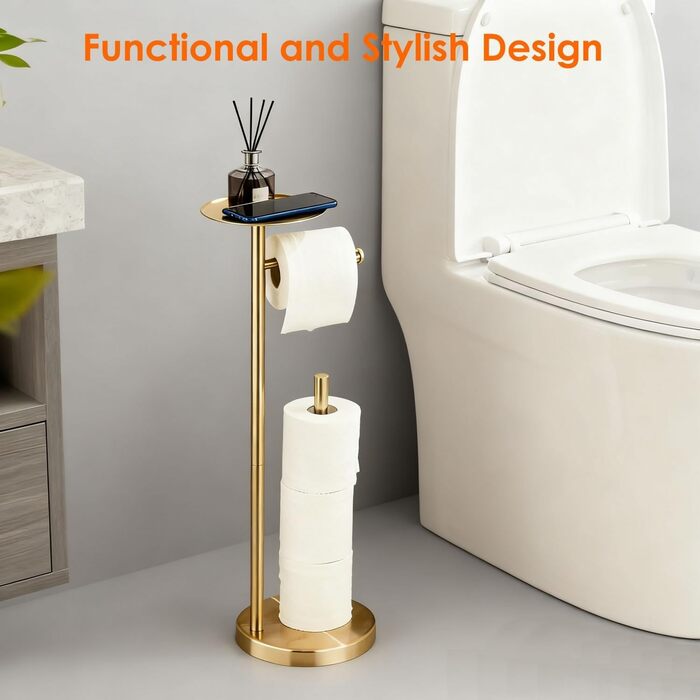Тримач для туалетного паперу підлоговий BA7783BG, золотий, з полицею для смартфона, нержавіюча сталь SUS 304, матовий золотий