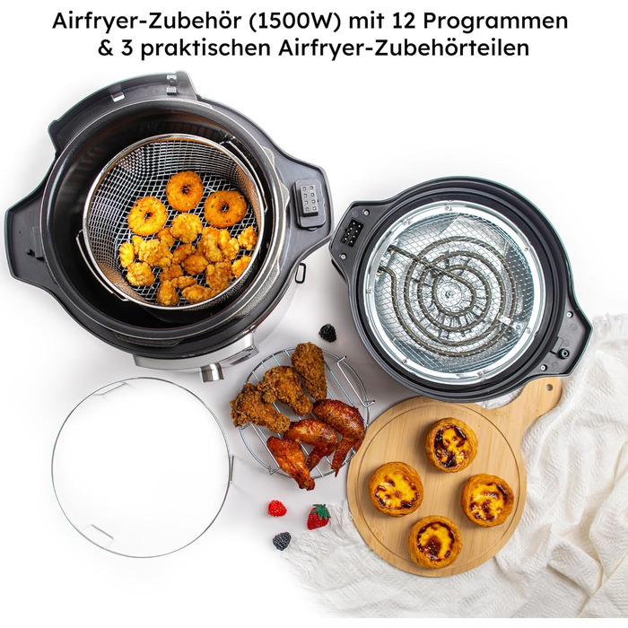 Мультиварка Saaf з Airfryer – 15-ти частинний набір, 24 програми – мультиварка, рисоварка, пароварка, сковорода-каструля – 6л – з корзиною, каструлею та кулінарною книгою – цифровий дисплей