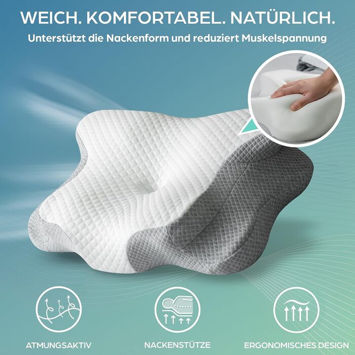 Ортопедична подушка для шиї Flowen з ефектом пам'яті (Memory Foam), ергономічна подушка від болю в шиї та хропіння зі знімним чохлом